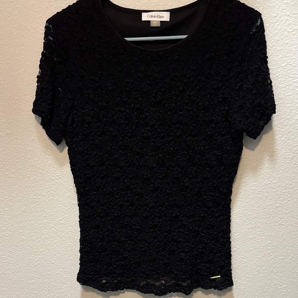 Calvin Klein Black Floral Lace Short Sleeve Top small